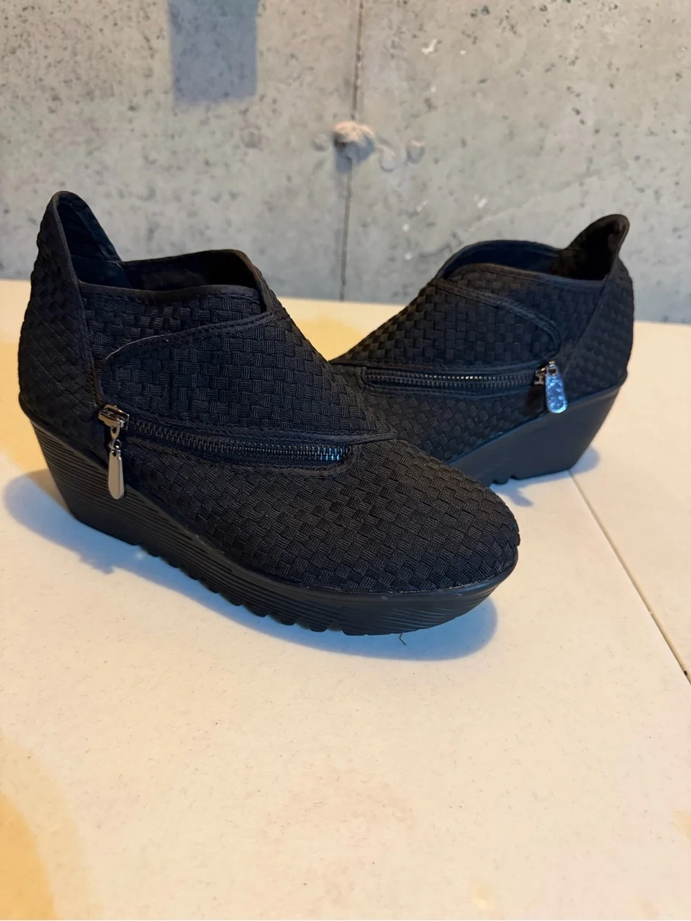 bernie mev. Black Woven Slip-On Wedge Shoes